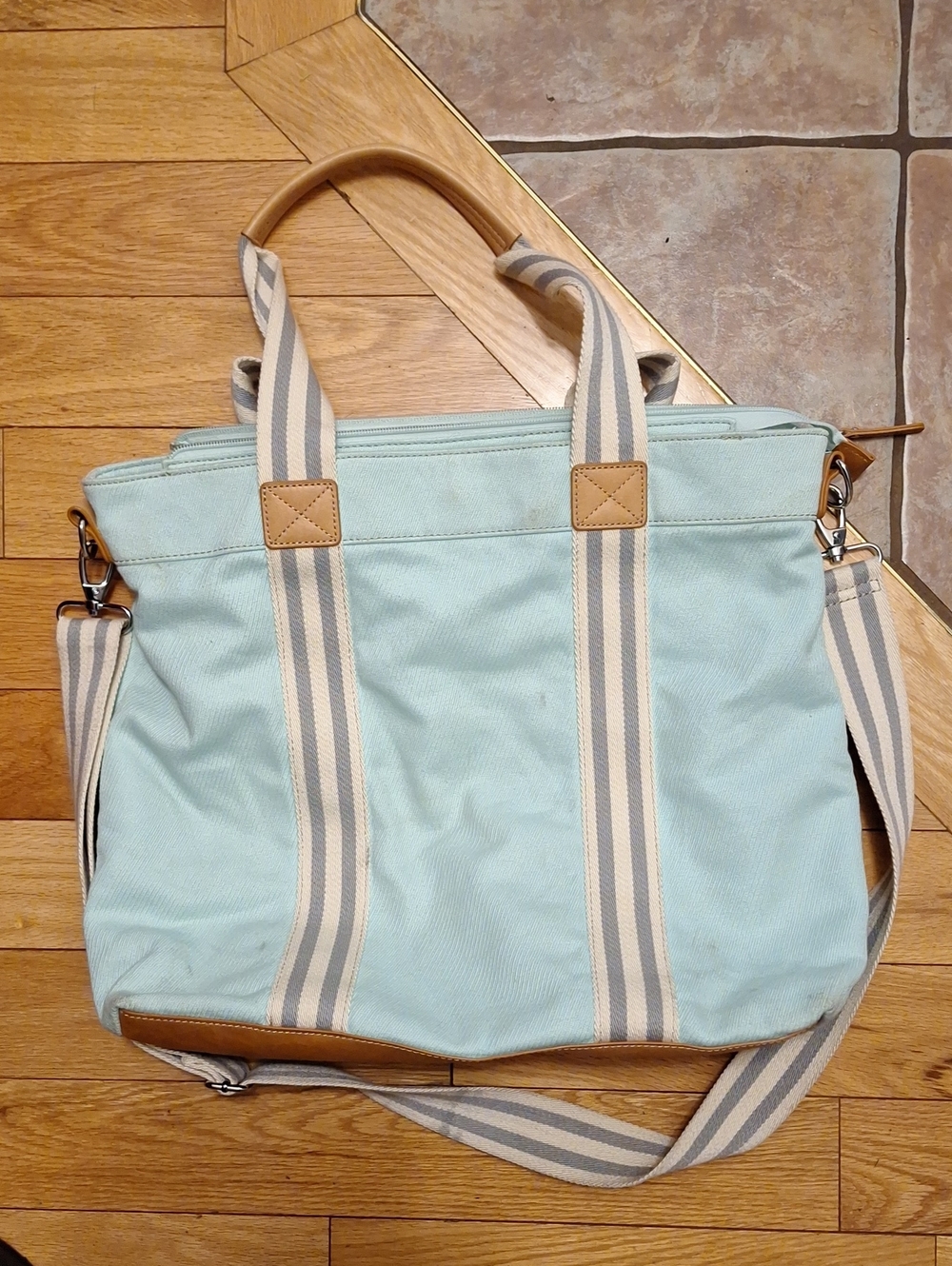 Pottery Barn Kids Aqua Canvas Tote with Striped Webbing and Tan Trim
